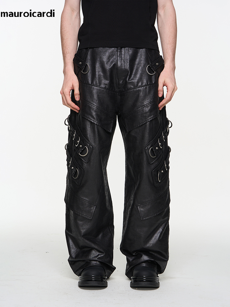 Leather Work Pants - Mauroicardi primavera otoño fresco guapo largo