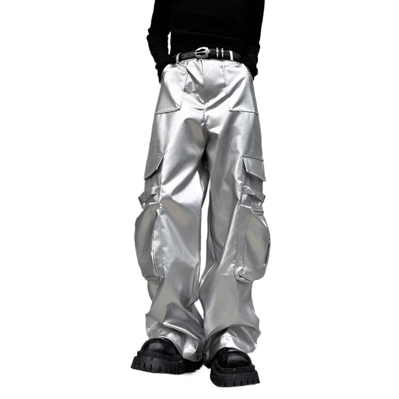 Leather Work Pants - Pantalón de cuero plateado para hombre,