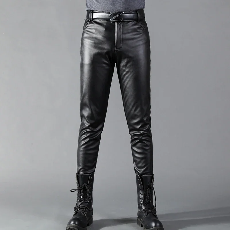 Leather Work Pants - Pantalones de cuero para hombre, ajustados,