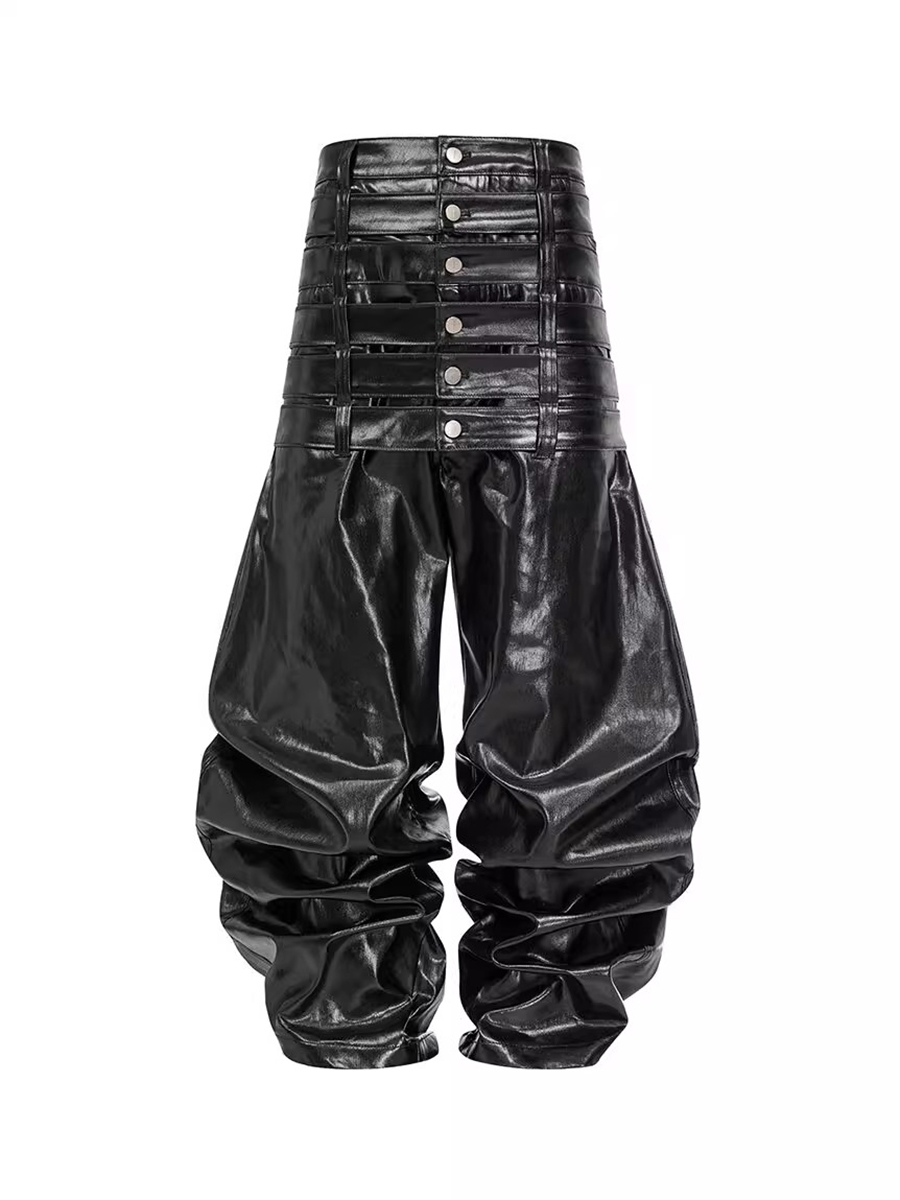 Leather Work Pants - Mauroicardi otoño largo Multi-cintura negro brillante